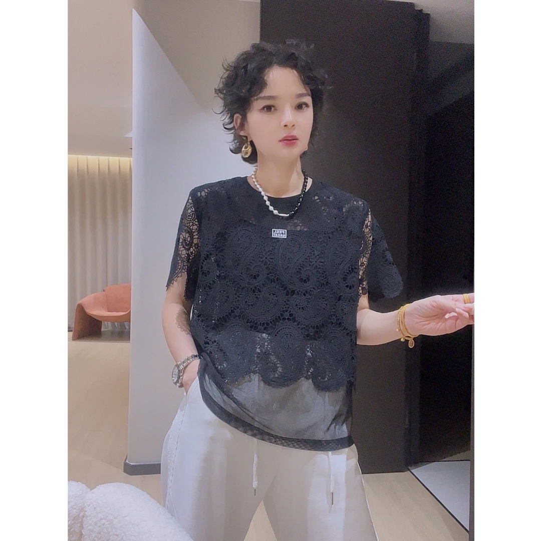 ZM25年新款短袖圆领极简风镂空T恤重工蕾丝气质T恤87252