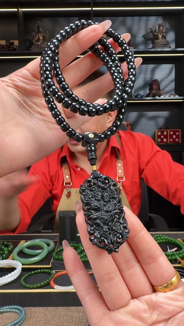 【闪购商品】和田玉1未镶嵌7.5mm墨玉永生之门项链