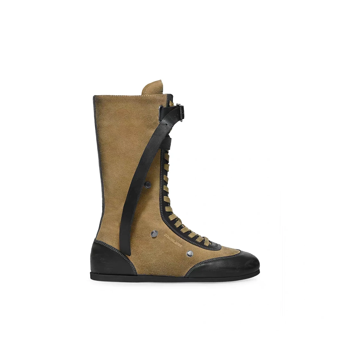 DYMONLATRY   25早秋新款条带饰扣拳击靴游牧风中筒靴女