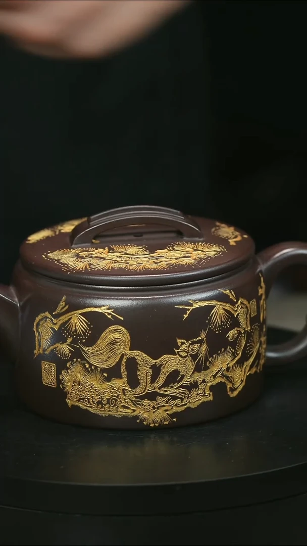 茶壶紫砂鹏*H1970李琴紫泥描金刻绘汉瓦