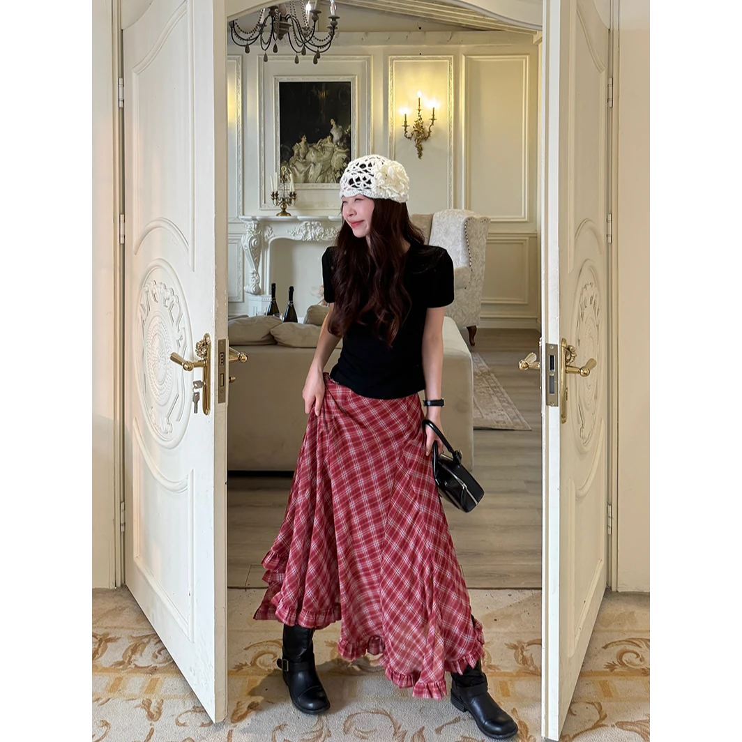 夏季新款不规则木耳边下摆长裙美式复古气质辣妹格纹半身裙女