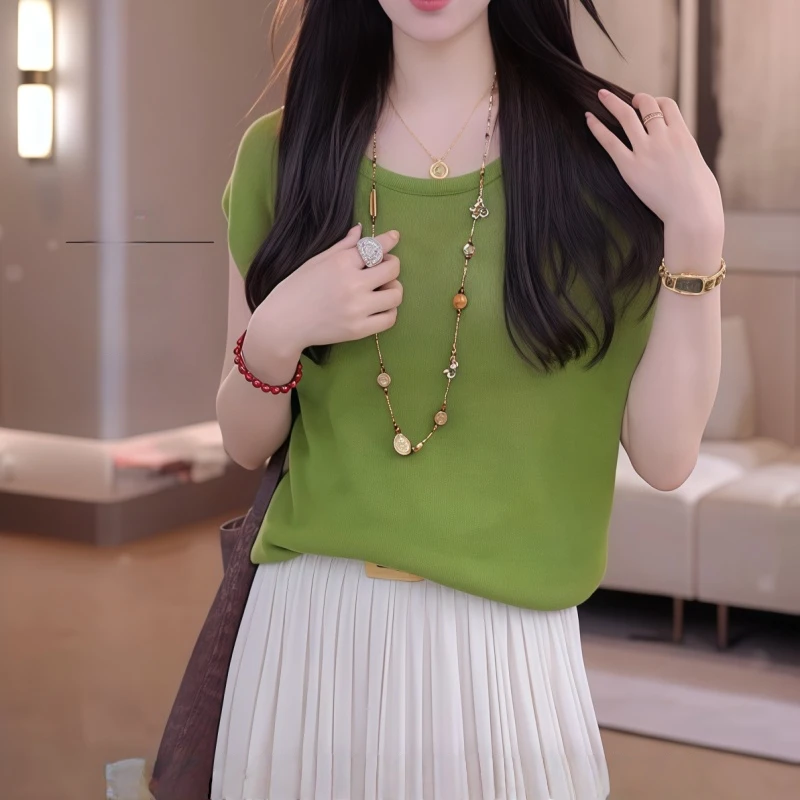 夏季女宽松薄款圆领毛针织衫短袖百搭洋气纯色气质韩版小个子上衣