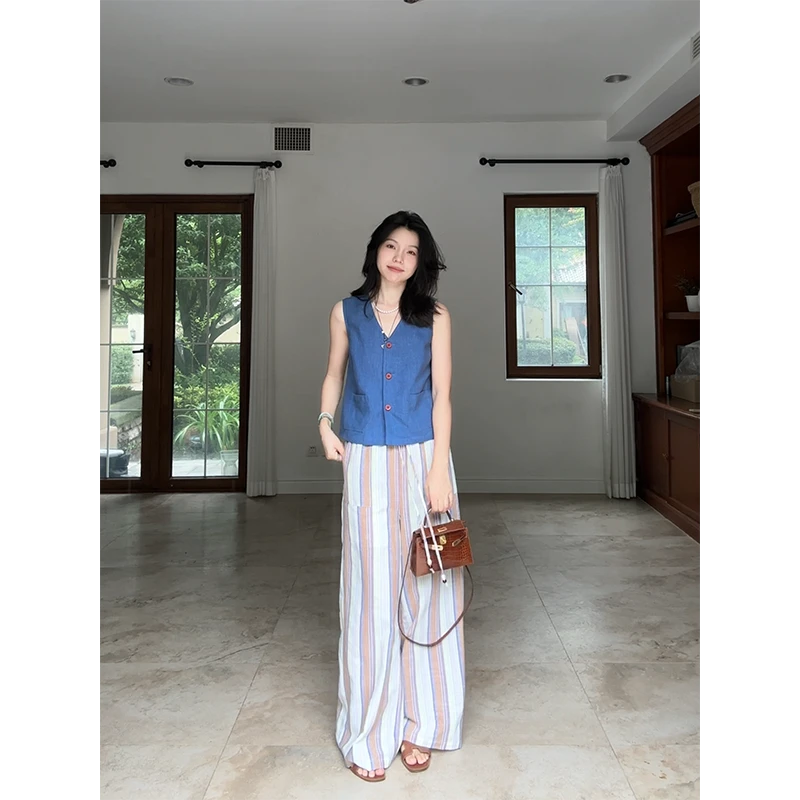 郭九九呢 苎麻天丝简约显瘦马甲上衣宽松舒适条纹长裤 G925A09338
