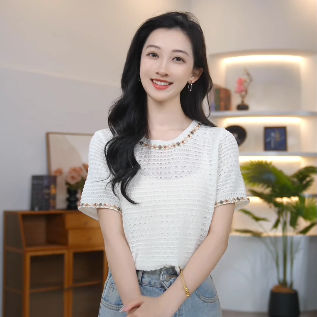 【曼贝】宽松型女短袖毛针织衫百搭时尚休闲针织衫 8542815【月月】