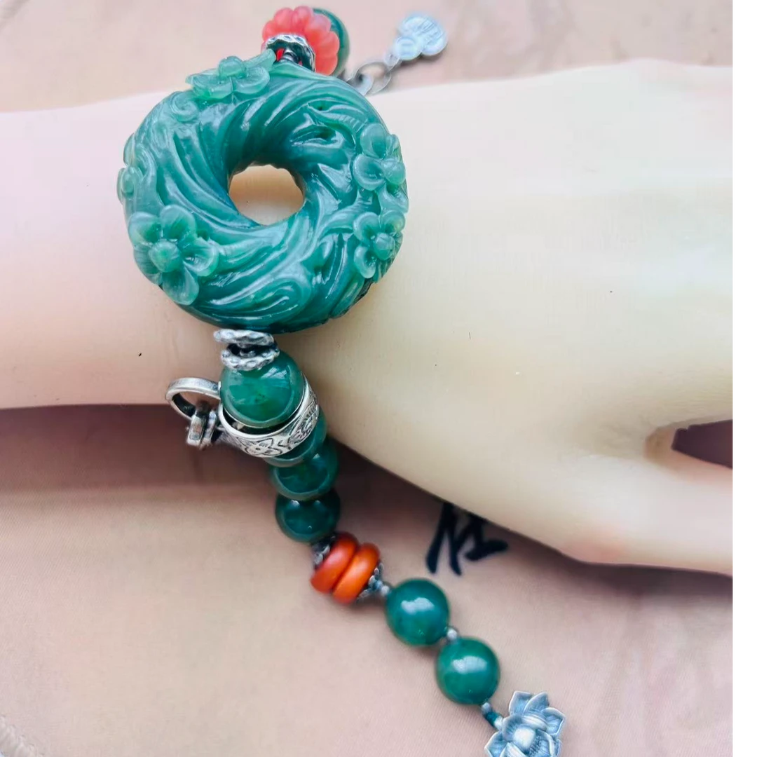 [00203]天然精美和田碧玉平安扣滚滚来财手链