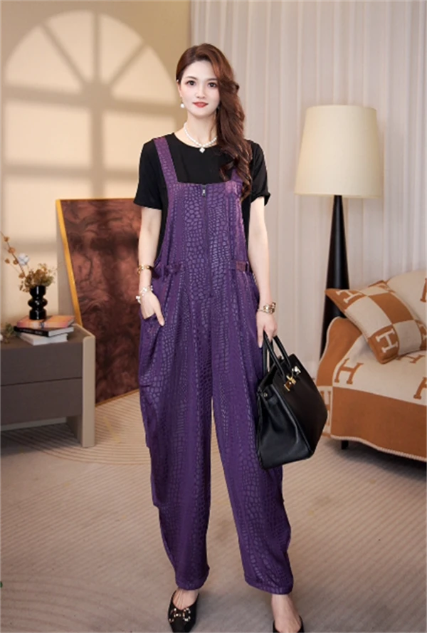 高端品质[紫妄蟒]新款时尚洋气设计款休闲背带裤大码套装-1056#