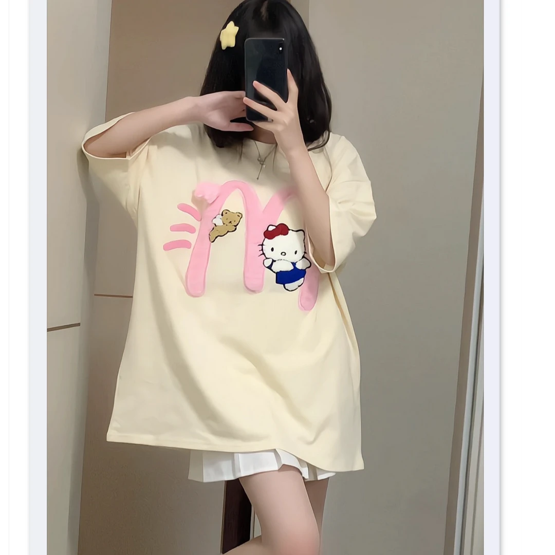 美式潮牌可爱麦门凯蒂猫印花短袖杏色T恤女夏季上衣学生慵懒风潮