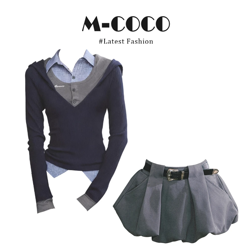 VASI 显瘦假三件美式长袖polo衫格子针织T恤上衣短裙时尚两件套