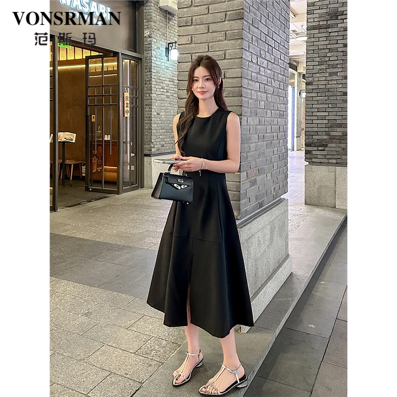 法式赫本风黑色无袖背心连衣裙女夏季2025新款收腰显瘦气质小黑裙