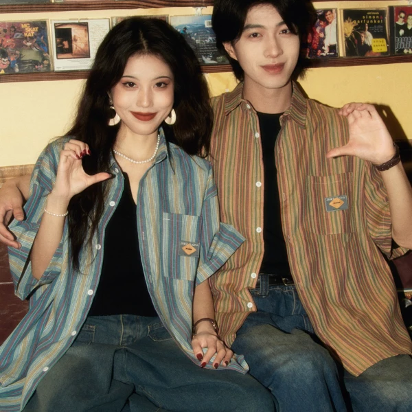 酒酿丸子ALOHA 复古港风慵懒松弛感日系短袖条纹衬衫夏季情侣装