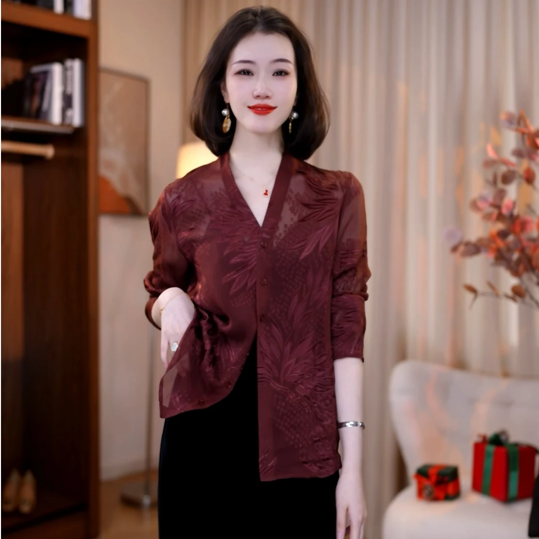 【白小白精选】竹叶剪花桑蚕丝V领一排扣长袖衬衫显瘦春夏上衣0919