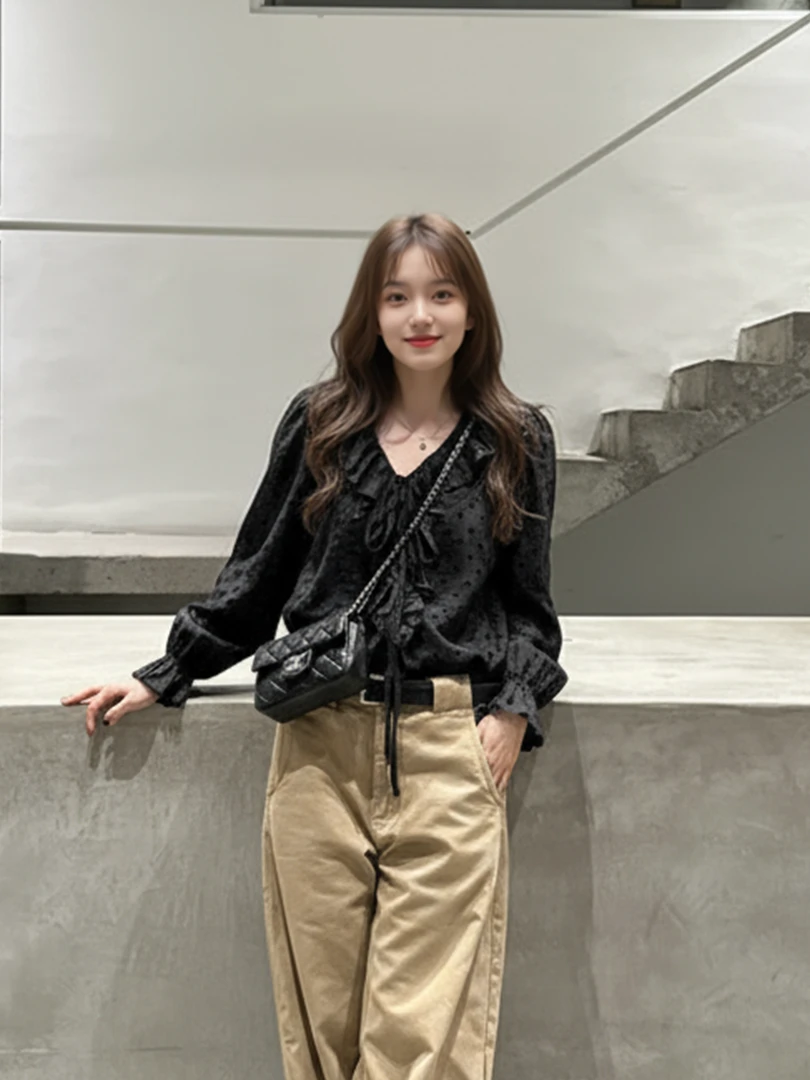 2025新款法式波点泡泡袖V领系带衬衫高腰宽松休闲裤百搭显瘦上衣