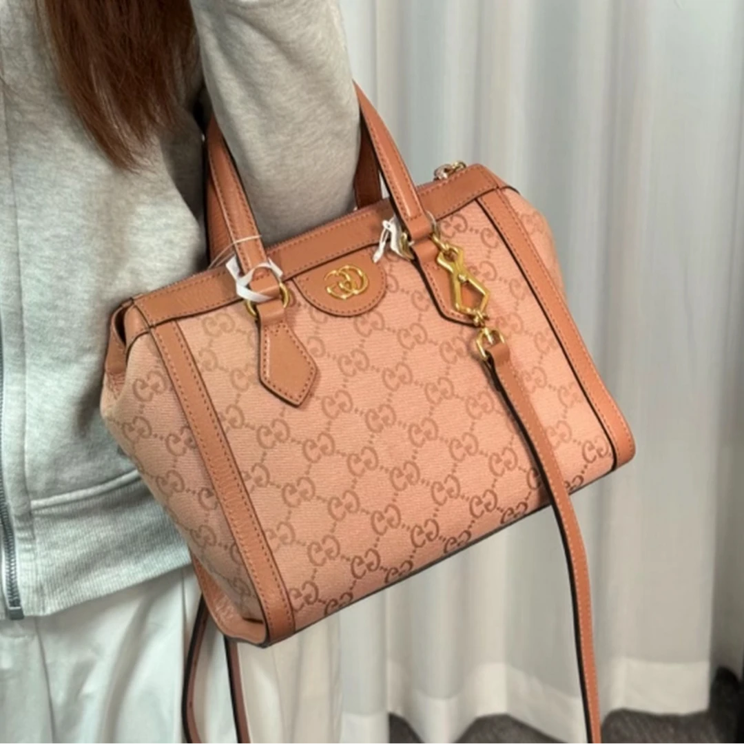 99新 GUCCI/古驰 Ophidia系列GG小号托特包 粉色帆布 牛皮拼帆布