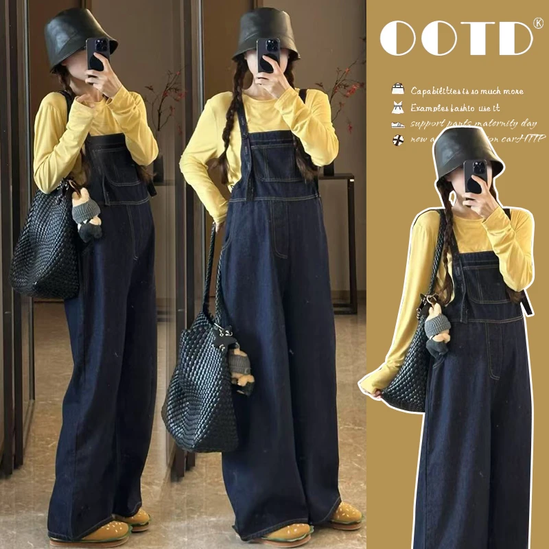 早秋款孕妇背带裤秋季复古做旧水洗牛仔裤宽松休闲阔腿长裤两件套