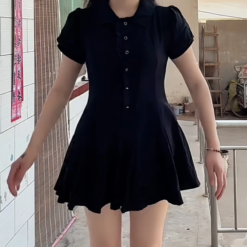 夏季时尚气质简约学院风黑色蓬蓬连衣裙短款学院风修身设计感黑裙
