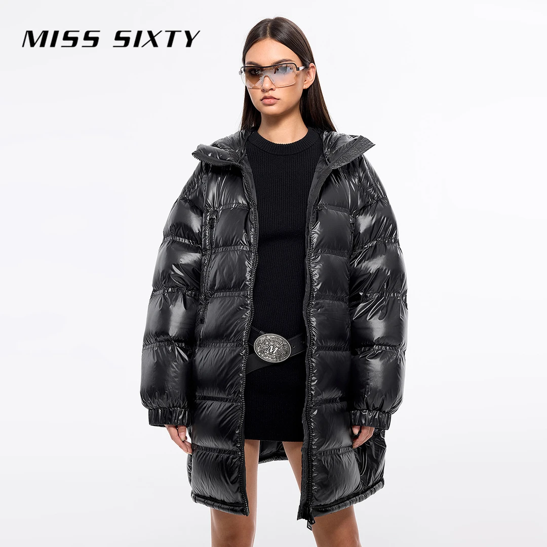 Miss Sixty冬季新款立领羽绒服女连帽印花鹅绒服面包服中长款90绒