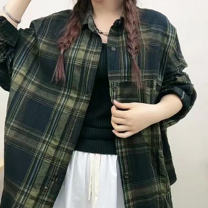 2025春季洋气时尚宽松格子休闲水洗衬衫