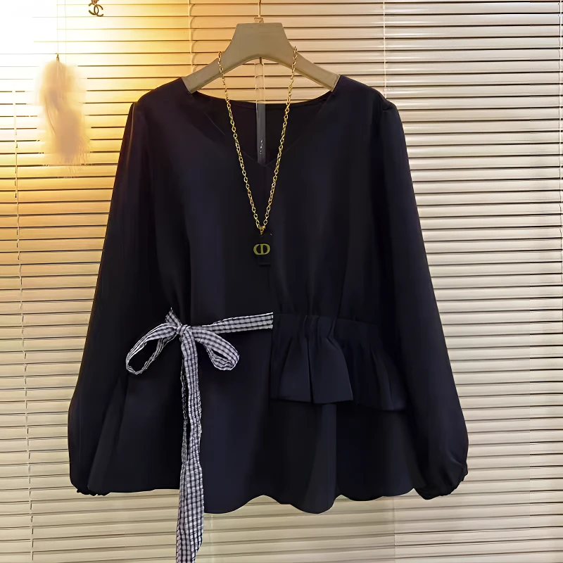 大码女装V领侧系带压褶长袖上衣胖妹妹宽松遮肚子秋季款百搭小衫