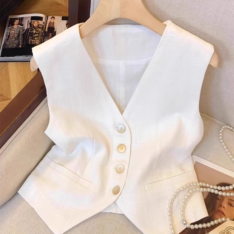 法式白色亚麻西装马甲背心女夏外穿洋气时髦打底内搭v领无袖上衣