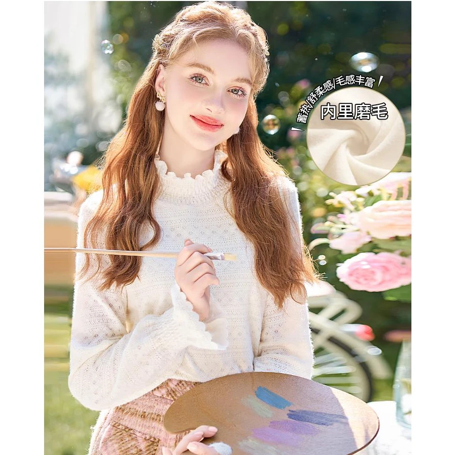 2025秋冬新款法式白色叠穿内搭高领蕾丝衫女士加绒加厚上衣打底衫