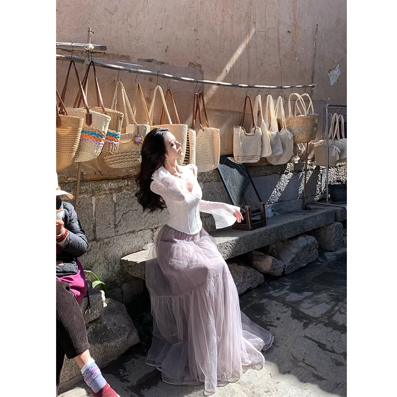 by onion 超重工！压褶流光网纱半身裙女春夏季气质高腰长款裙子