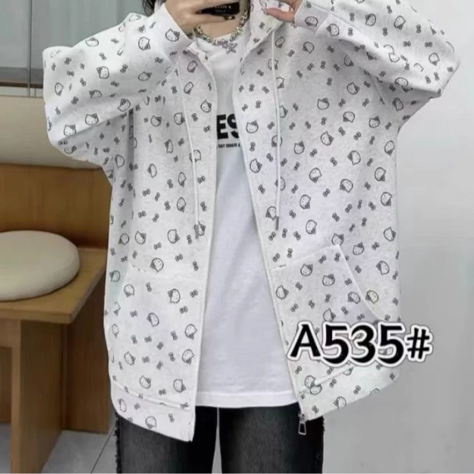 Y619浅花灰结猫加绒连帽卫衣502