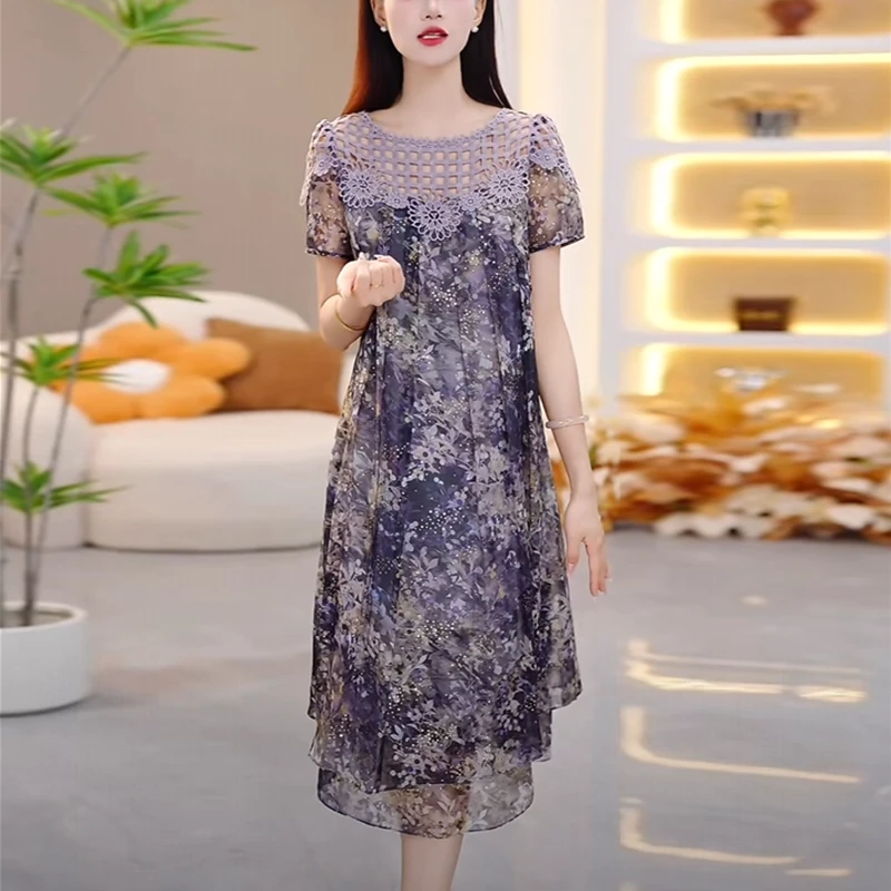 高档冰竹丝气质轻奢女装2025夏季新款时尚洋气宽松显瘦碎花连衣裙