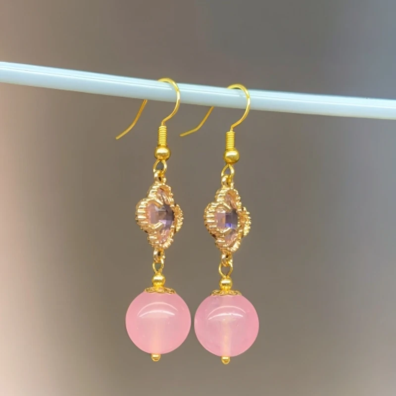 粉玉髓(珠径约12 mm)四叶草配件耳坠034