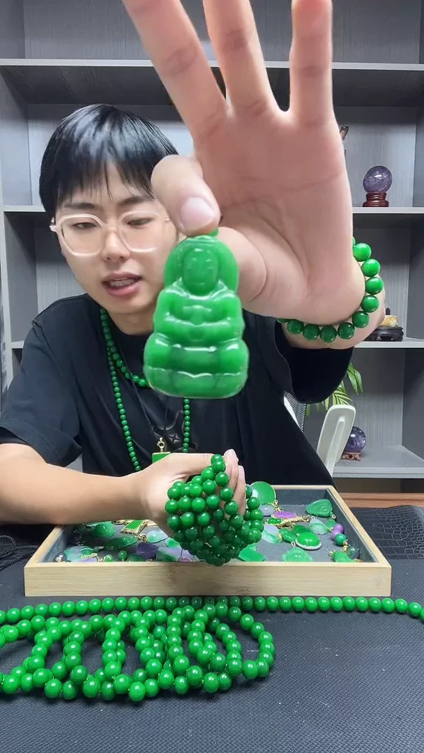 项链14K金镶嵌翡翠平**福吊坠