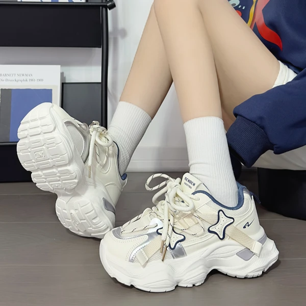 人本雾霾蓝厚底老爹鞋女2025秋季爆款运动鞋网面透气休闲小白鞋女