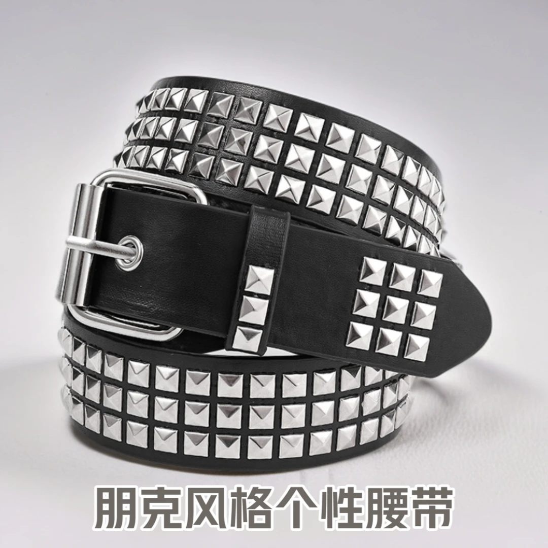 时尚新款朋克金字塔亮片哥特风休闲四方珠铆钉皮带腰带女士皮带