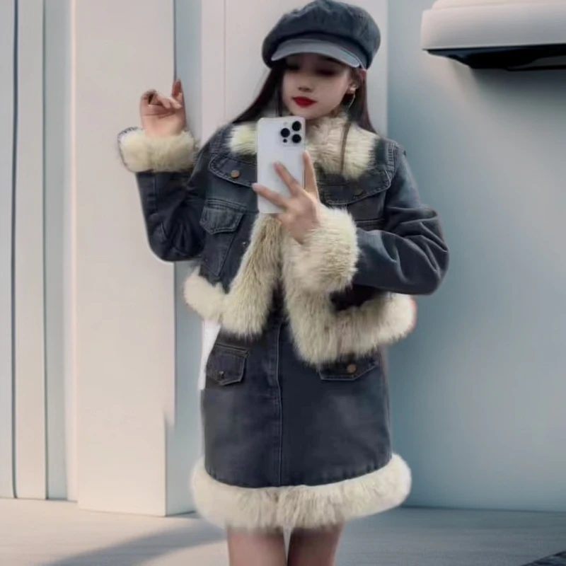 2025秋冬复古拼接毛毛牛仔套装女夹棉棉服外套+高腰裙两件套冬季