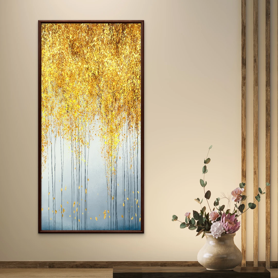 9041--55*110发财树中式装饰画实木框玄关书房茶室客厅挂画