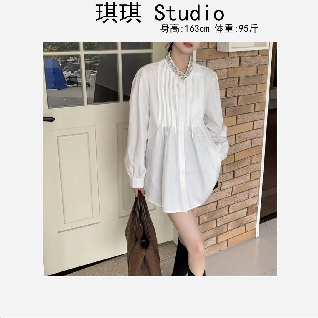 冬季新款重工设计轻奢高级褶皱镶钻领口气质时尚显瘦减龄白衬衫-C