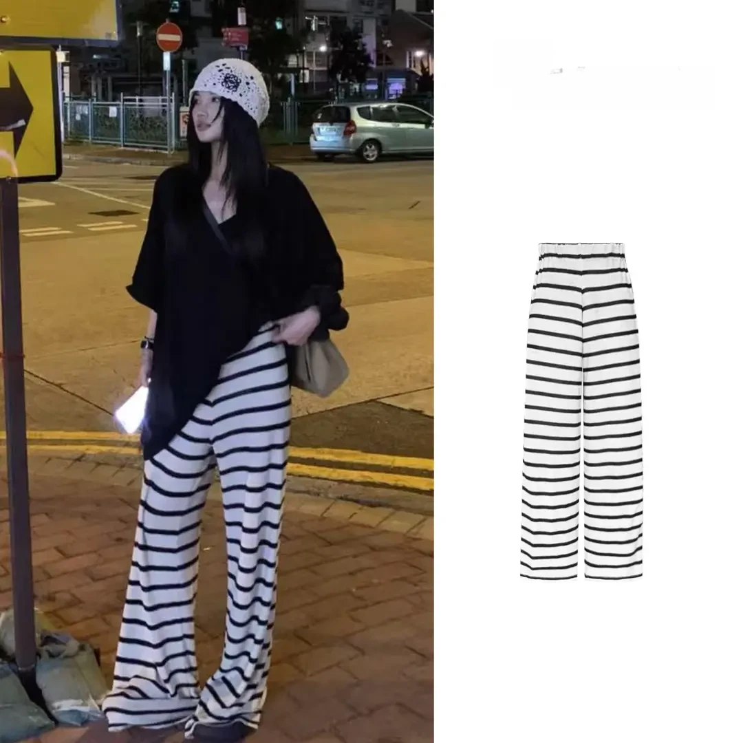 春夏亚麻冰凉感条纹针织裤直筒垂感阔腿裤+百搭宽松V领显瘦短袖女