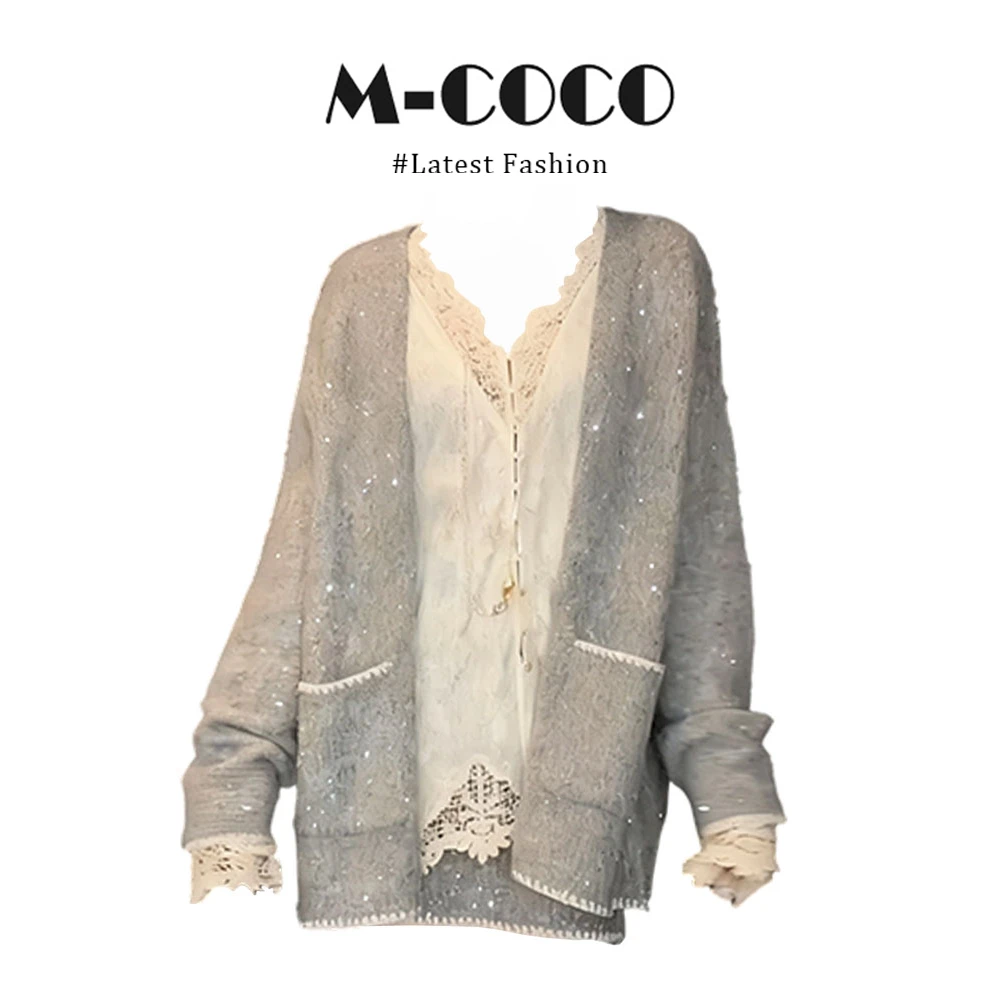 MARIE.COCO甜美小香风细闪针织衫毛衣外套蕾丝上衣高腰半身裙套装