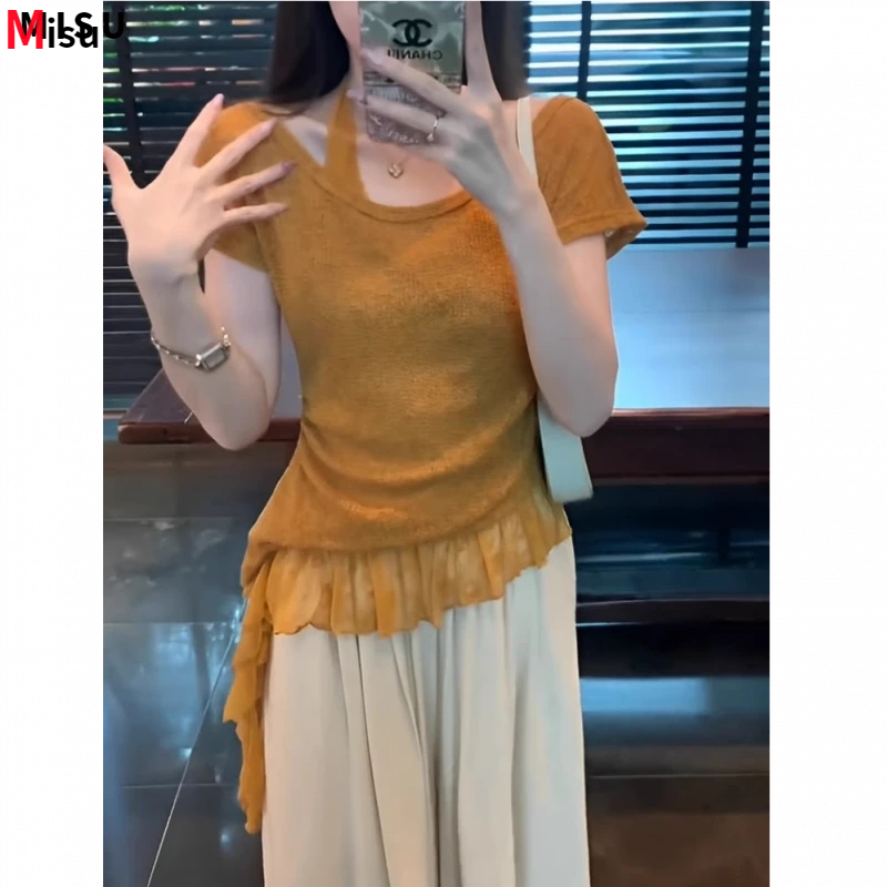 MISU法式别致橘色荷叶边挂脖上衣女2025年夏季新款短袖T恤设计感