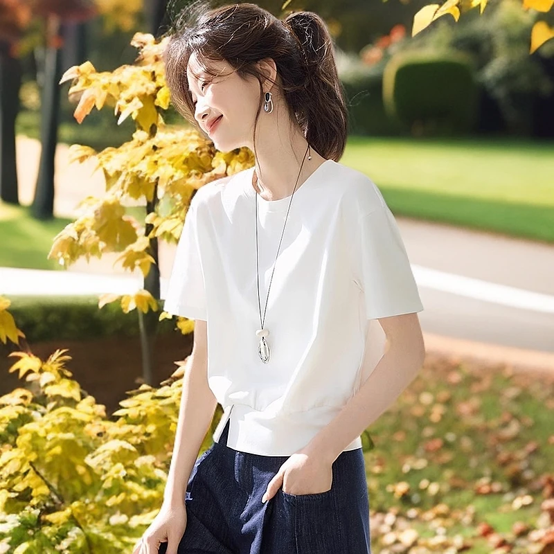 2025夏季新款宽松休闲百搭设计感下摆开叉短袖T恤女