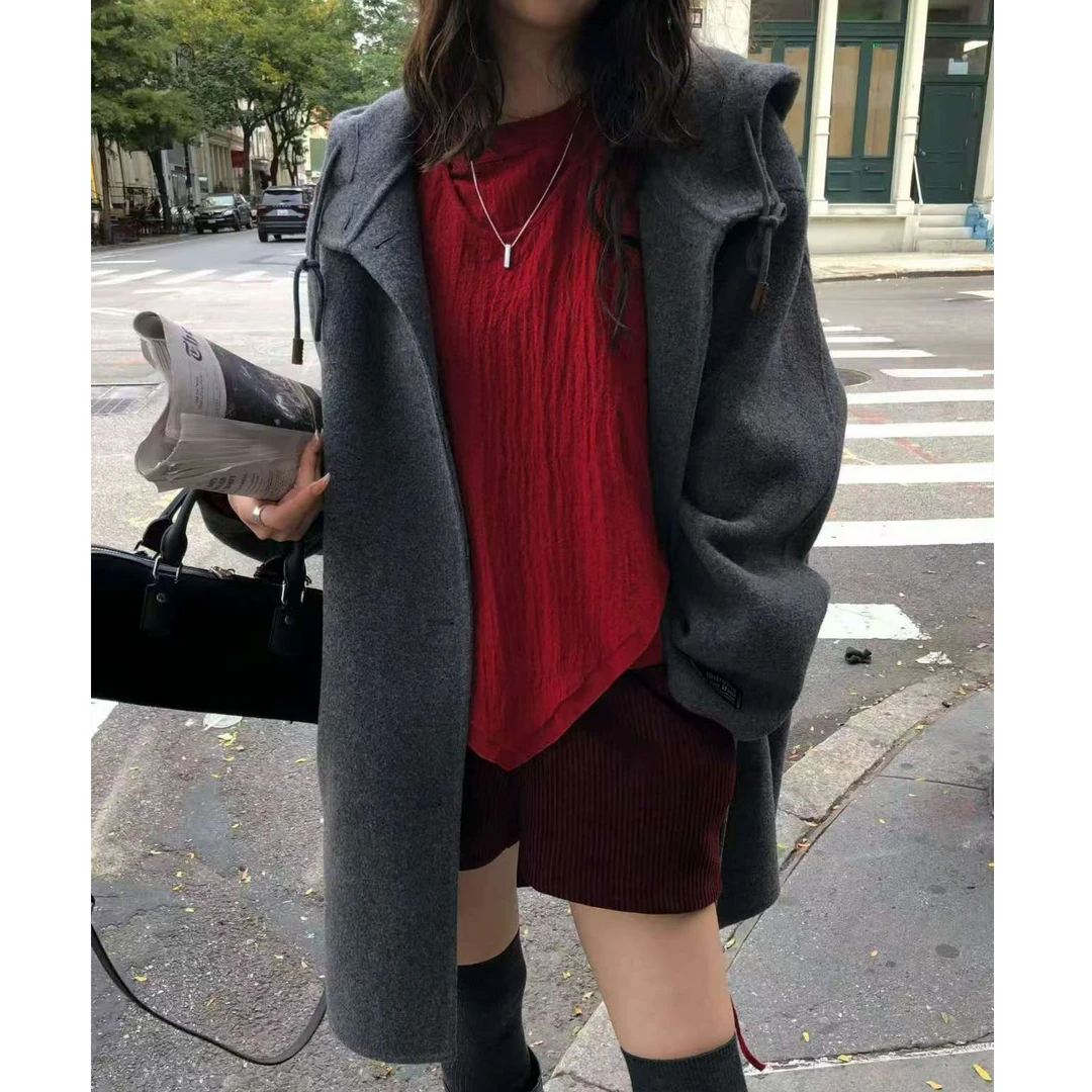 apM【ATMOSPHERE】韩国东大门2025秋冬新款羊毛连帽纯色大衣外套