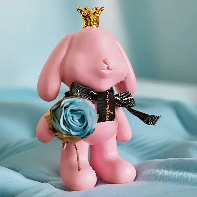 2024新款捧花粉色无脸兔子客厅网红玄关摆件仿真花桌面装饰品