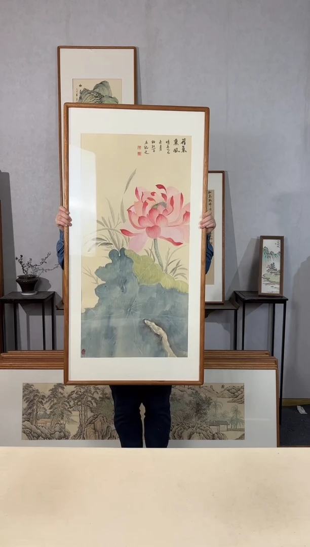 国画手绘*荷气熏风*62*122cm*原木色木框