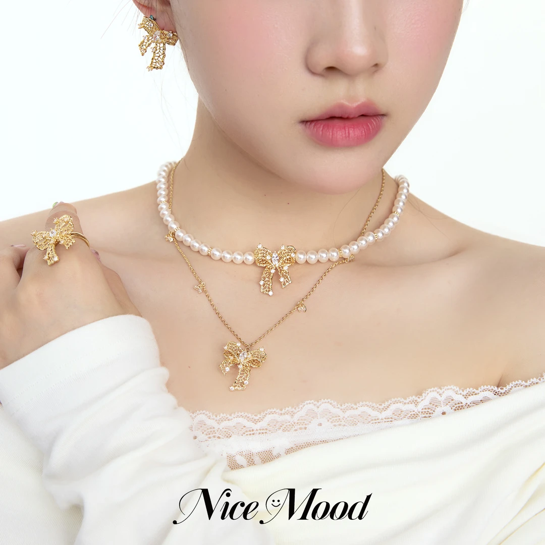 铜合金项链 【买3免1】蕾丝蝴蝶结18k金色珍珠项链女高级镂空锁骨链