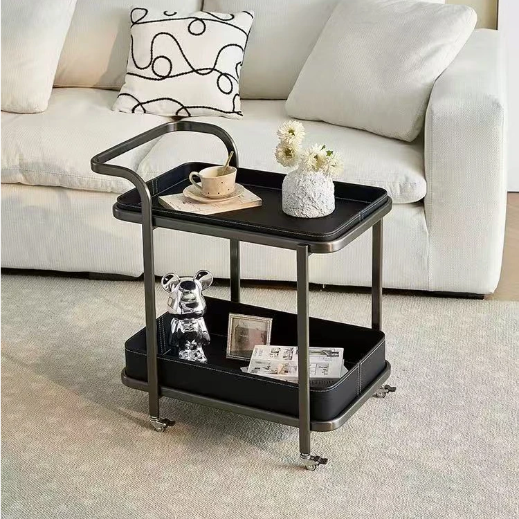 意式轻奢可移动马鞍皮沙发边几角几小推车带轮客厅家用不锈钢茶几