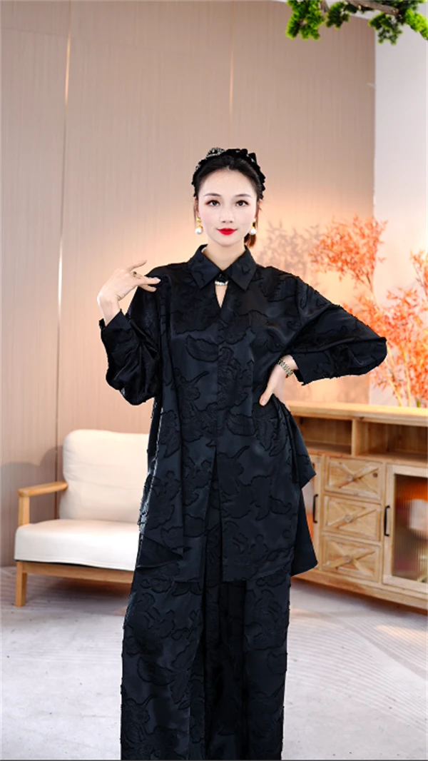 高奢套装丨深邃丨春夏端庄宽松提花减龄长袖洋气高级两件套-1272#