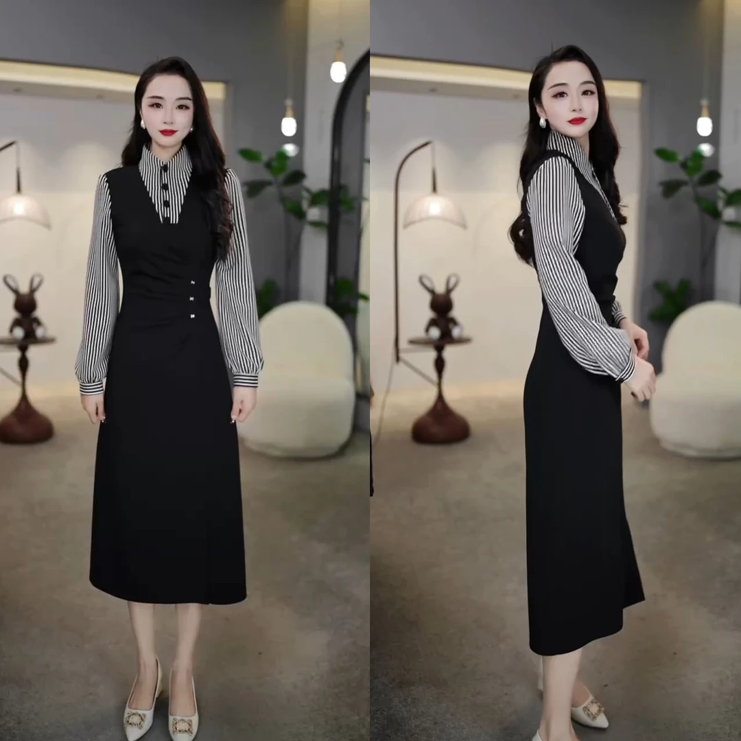 2025春季新款条纹时尚减龄显瘦气质女士衬衣连衣裙中长款M-4XL