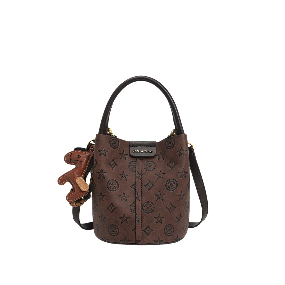 当季新款时尚复古手提女士水桶包8677压花咖