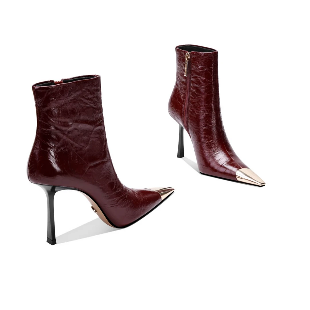 X13-新款短靴女2024新款金属尖头细跟时尚冬高跟鞋气质名媛