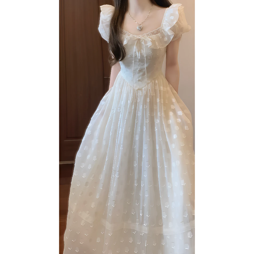 法式温柔设计感荷叶边方领连衣裙泡泡袖复古气质仙气公主显瘦长裙