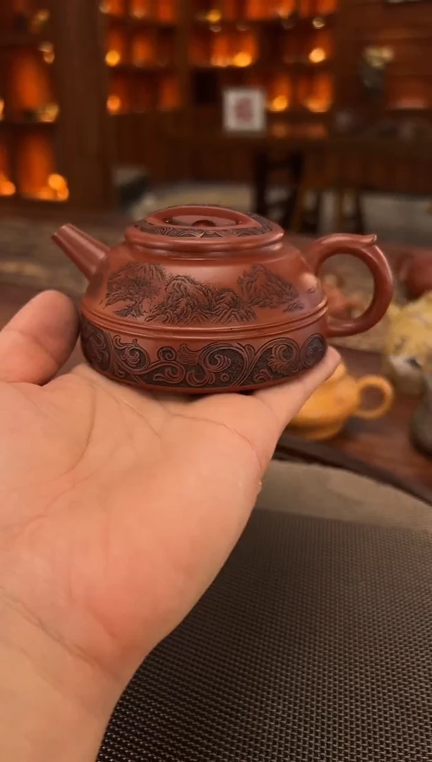 茶壶紫砂木*子大红泥双线井栏紫砂壶