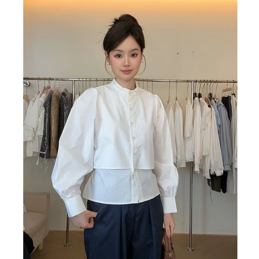 韩版宽松洋气减龄假两件长袖衬衫女春秋高级感单排扣上衣